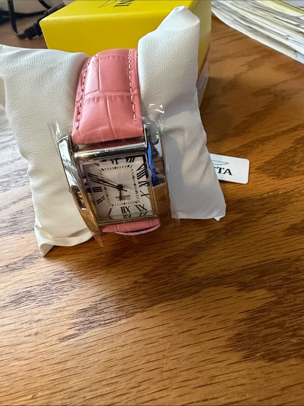 Invicta Pink Leather Strap Silver-Tone Rectangle Watch
